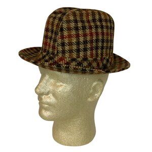 Vintage LL Bean Wool Plaid Fedora Hat Size 6 7/8 Brown Red Check Design 1950s